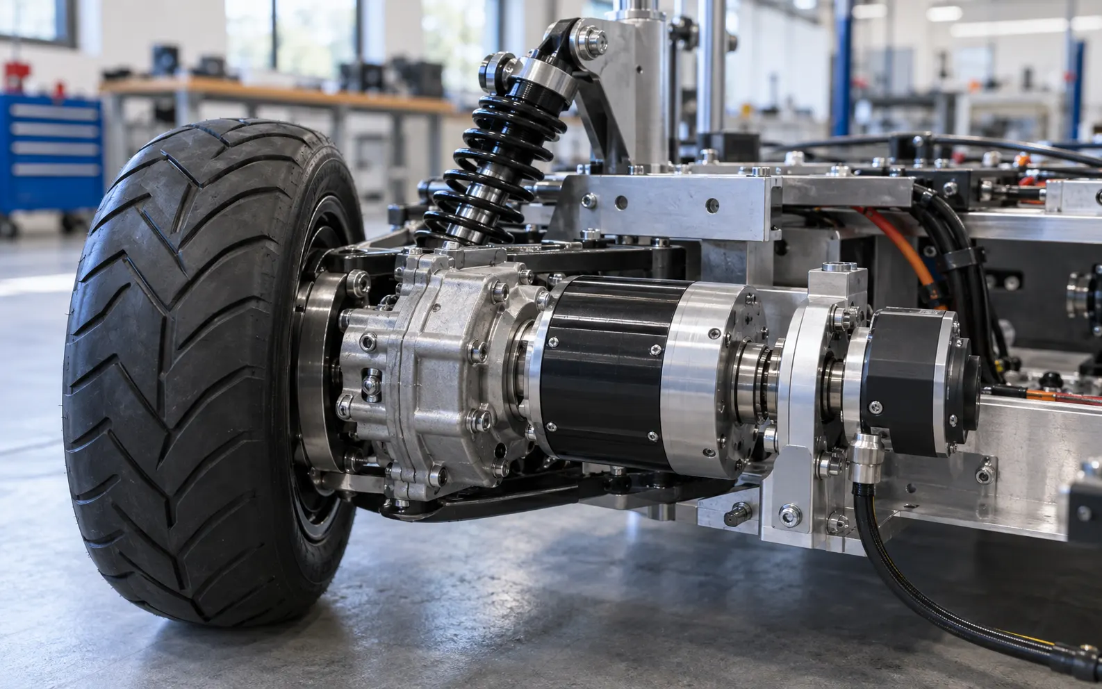 Moteur, transmission et suspension d'un robot mobile