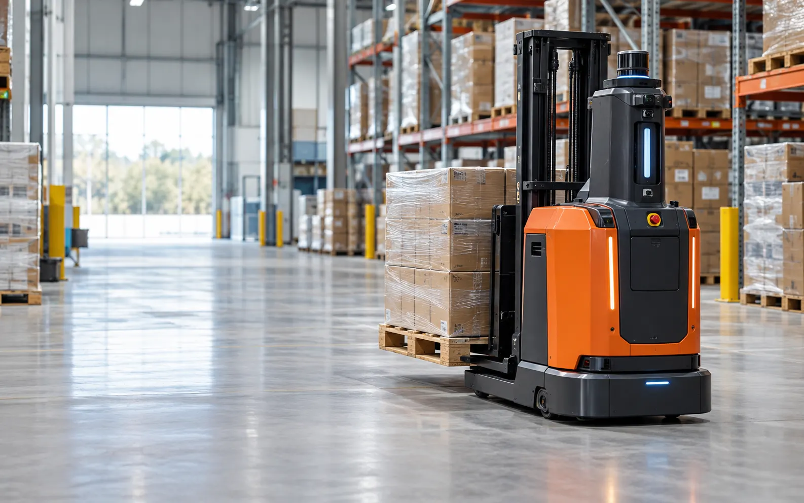 Autonomous mobile robot transporting a pallet