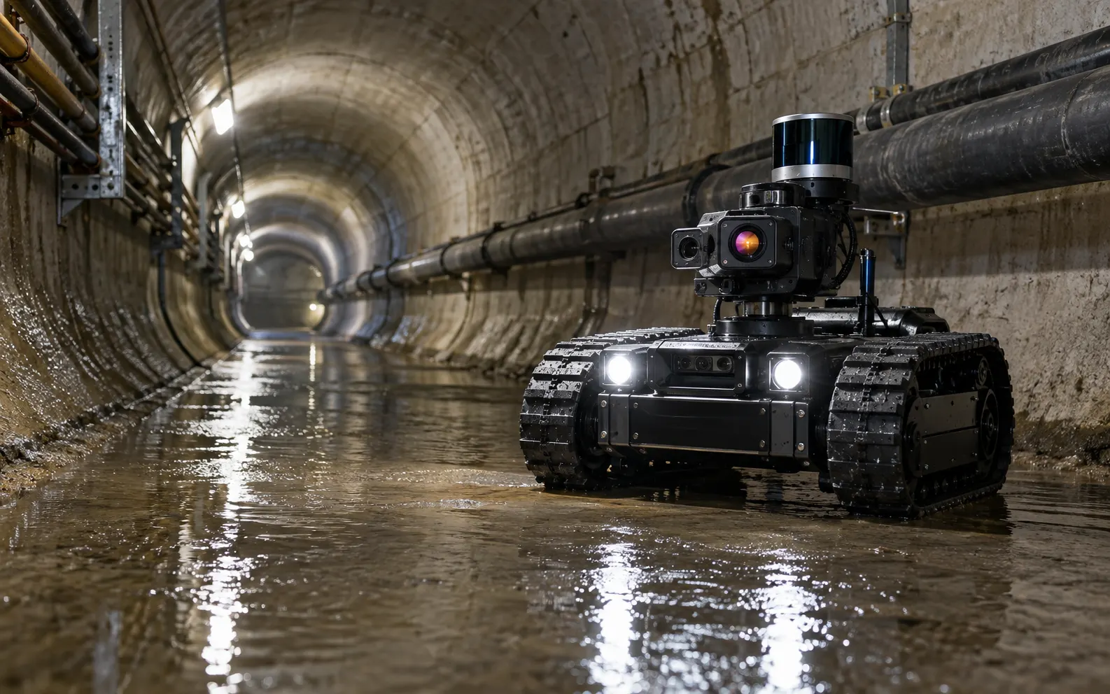Tracked mobile robot inspecting a tunnel