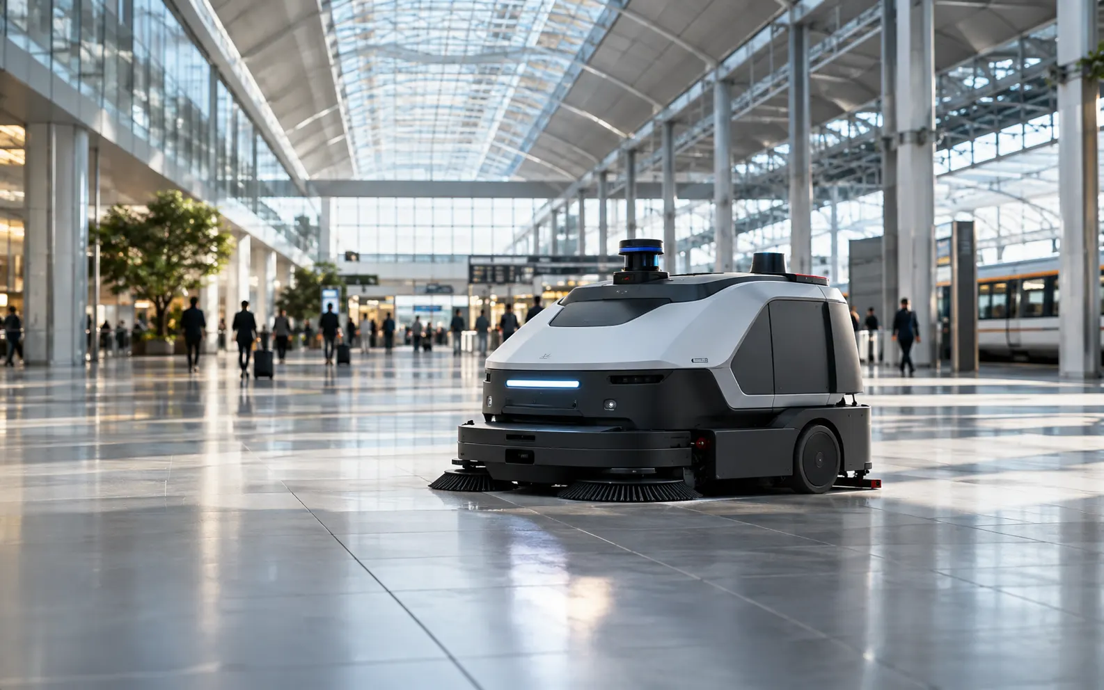 Large mobile cleaning robot in a railway station